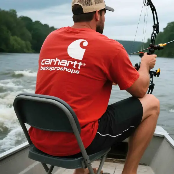 Men's Vintage Fishing Print Crew Neck Short Sleeve Red T-Shirt - Ootdyouth.com 