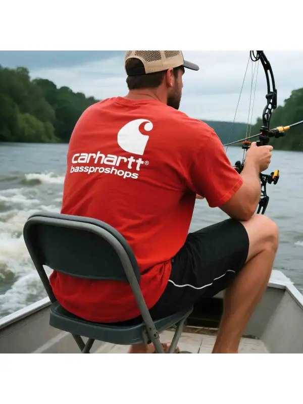 Men's Vintage Fishing Print Crew Neck Short Sleeve Red T-Shirt - Anrider.com 