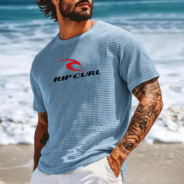 Men's Vintage Waffle Knit Surf Light Blue Short Sleeve Crew Neck T-Shirt - Wayrates.com 