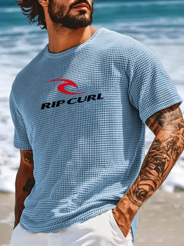 Men's Vintage Waffle Knit Surf Light Blue Short Sleeve Crew Neck T-Shirt - Menbarn.com 