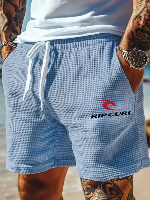 Men's Vintage Waffle Knit Elastic Drawstring Light Blue Walkshort Surf Shorts - Menbarn.com 