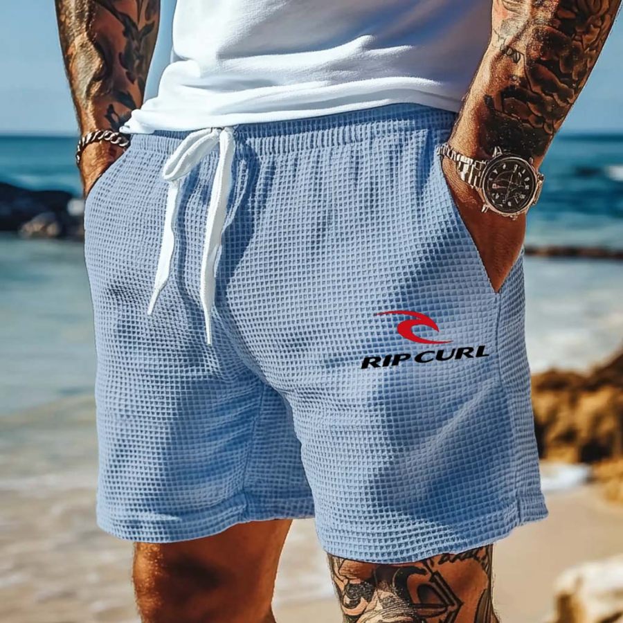 

Men's Vintage Waffle Knit Elastic Drawstring Light Blue Walkshort Surf Shorts
