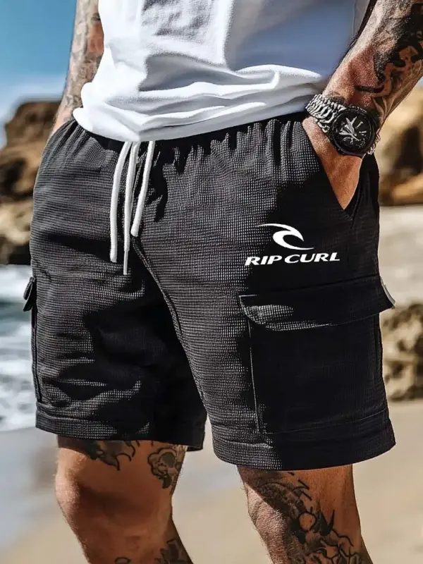 Men's Vintage Surf Waffle Knit Multi-Pocket Elastic Drawstring Black Cargo Shorts - Menbarn.com 