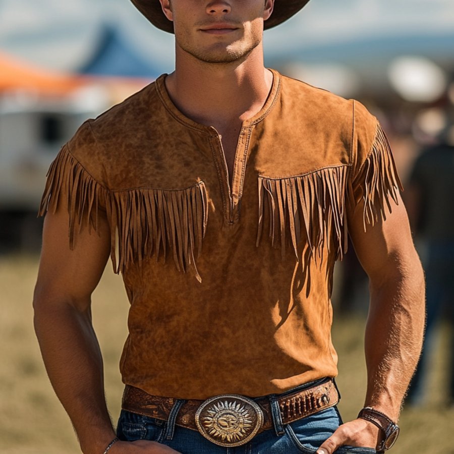 

Men's Vintage Western Cowboy Suede Tassel V-Neck Short Sleeve T-Shirt