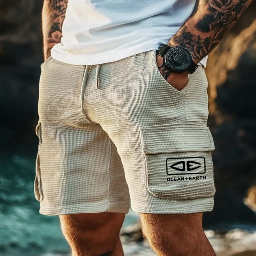 

Men's Vintage Surf Waffle Knit OE Ocean Multi-Pocket Elastic Drawstring Cargo Shorts
