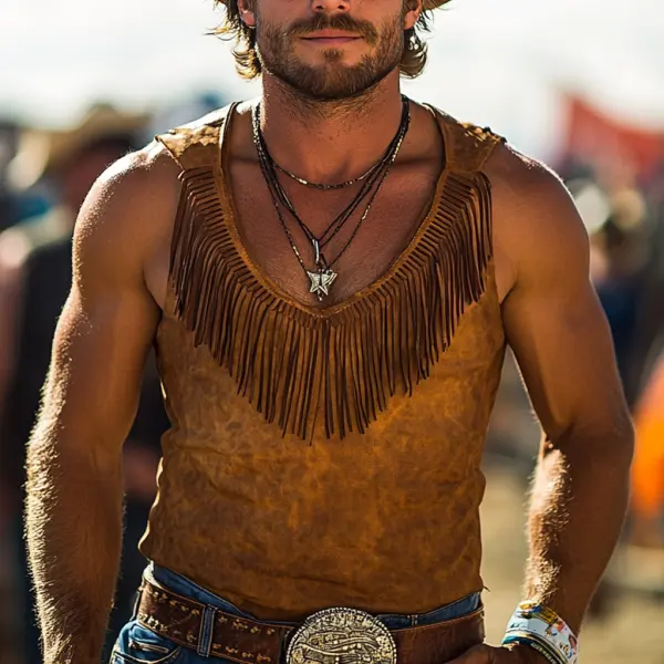 Men's Vintage Western Cowboy Suede Fringe Crew Neck Tank Top - Wayrates.com 