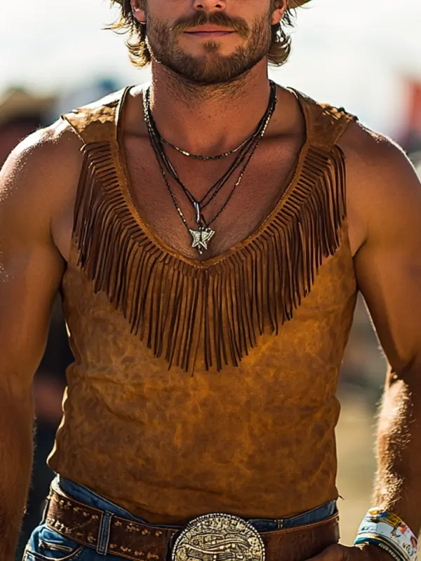 Men's Vintage Western Cowboy Suede Fringe Crew Neck Tank Top - Wantbright.com 