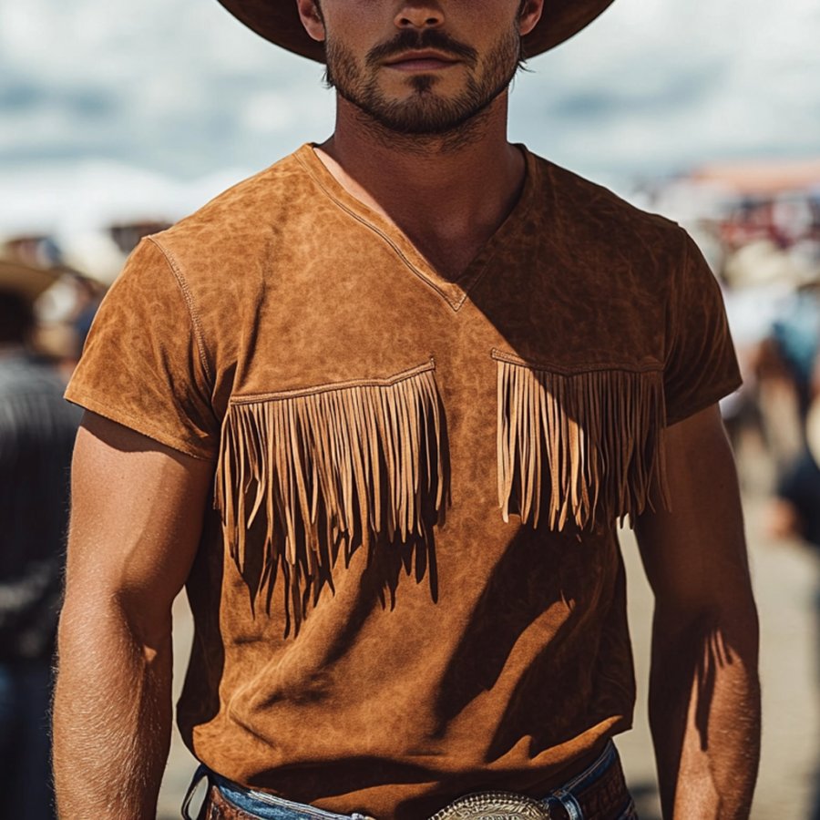 

Men's Vintage Western Cowboy Suede Tassel V-Neck Short Sleeve T-Shirt