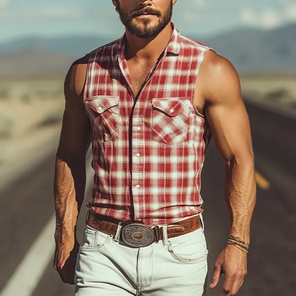 Men's Vintage Western Cowboy Plaid Pocket Sleeveless Lapel Shirt - Wayrates.com 