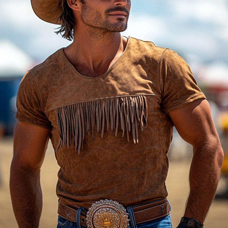 

Men's Vintage Western Cowboy Suede Tassel Crew Neck Short Sleeve T-Shirt