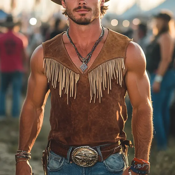 Men's Vintage Western Cowboy Suede Tassel V-Neck Tank Top - Wayrates.com 