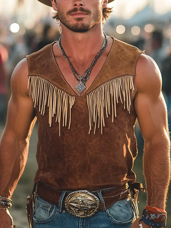 Men's Vintage Western Cowboy Suede Tassel V-Neck Tank Top - Pragmaace.com 