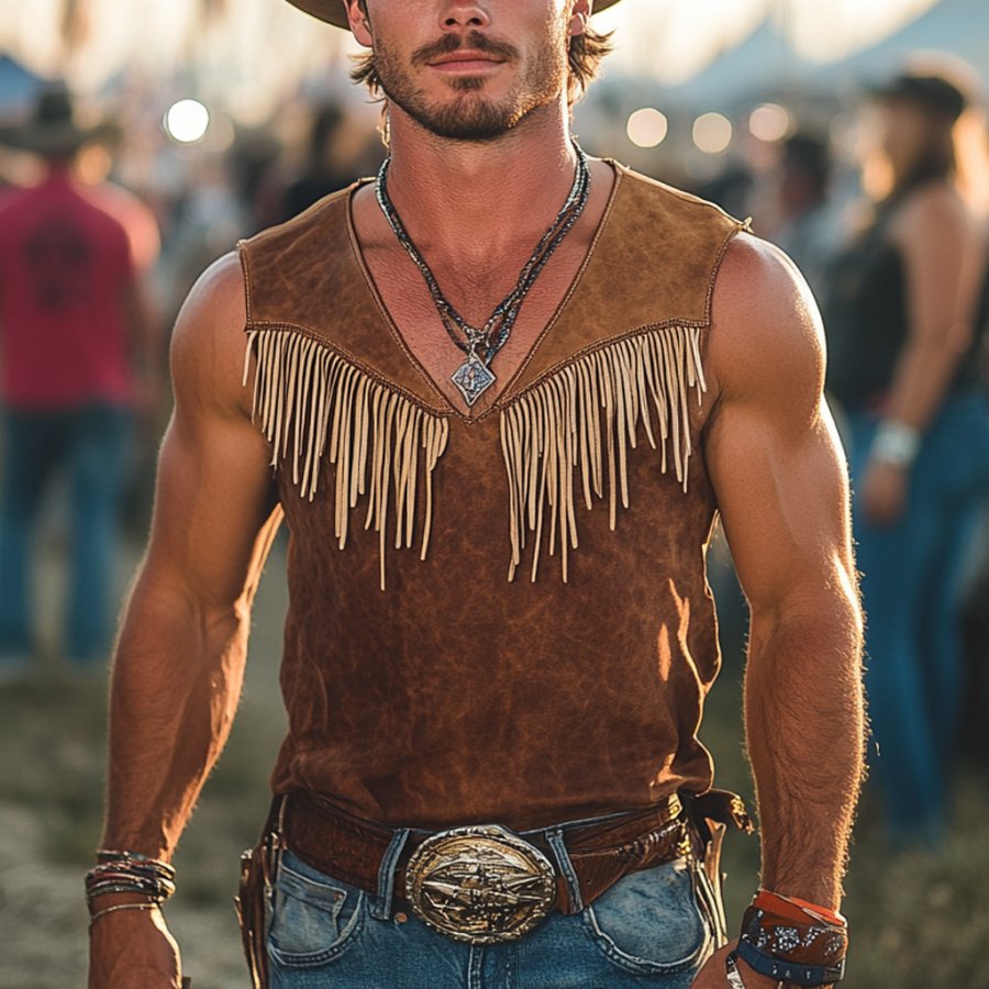 

Men's Vintage Western Cowboy Suede Tassel V-Neck Tank Top