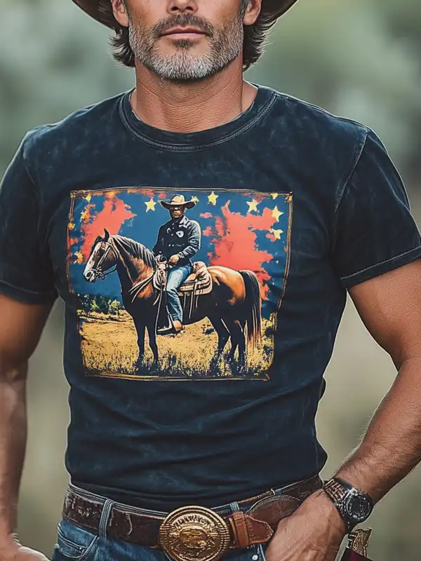 Men's Vintage Western Cowboy Print Crew Neck Short Sleeve T-Shirt - Menbarn.com 