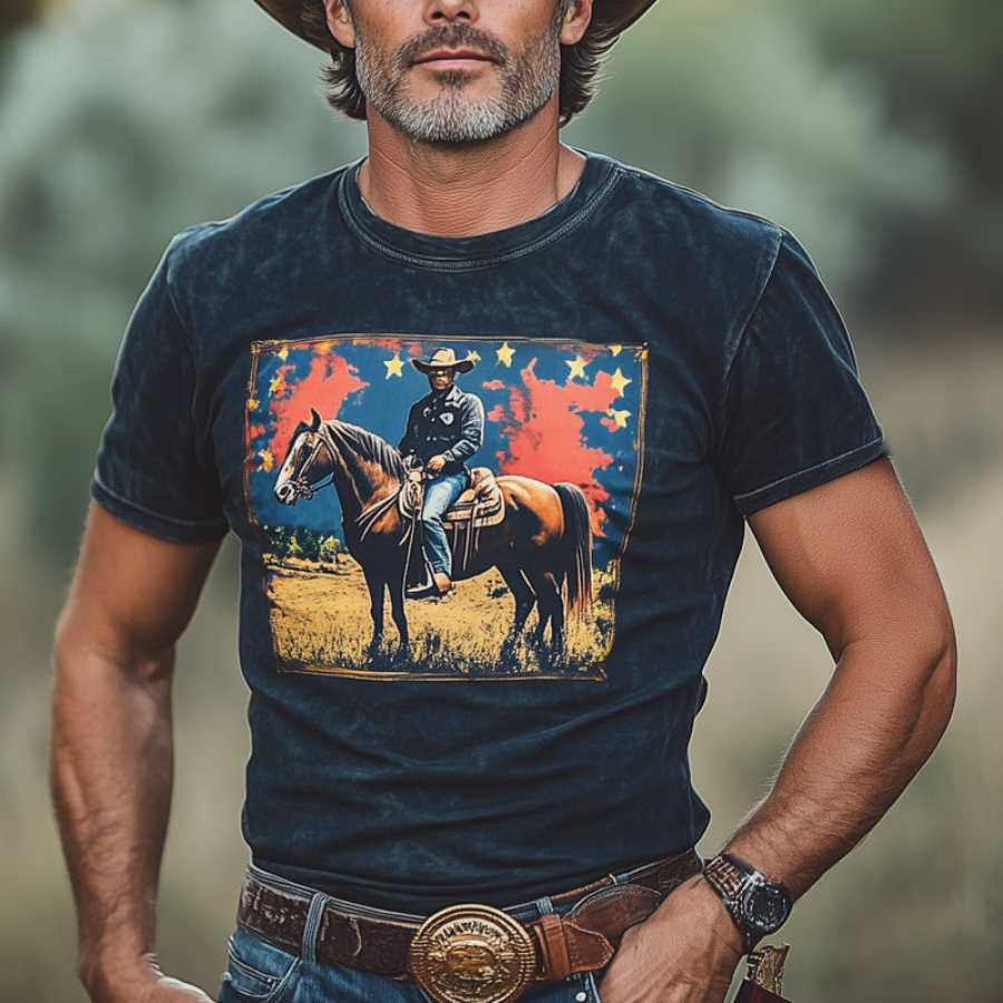 

Men's Vintage Western Cowboy Print Crew Neck Short Sleeve T-Shirt
