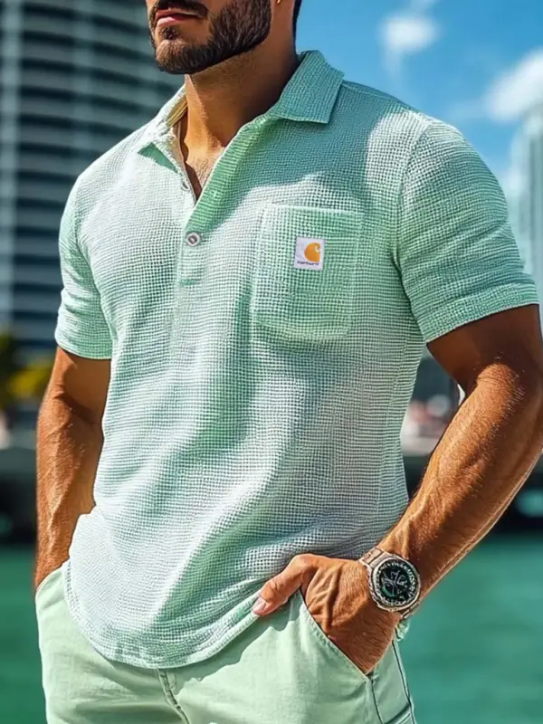 Men's Vintage Waffle Knit Patch Pocket Short Sleeve Polo Collar T-Shirt - Menbarn.com 
