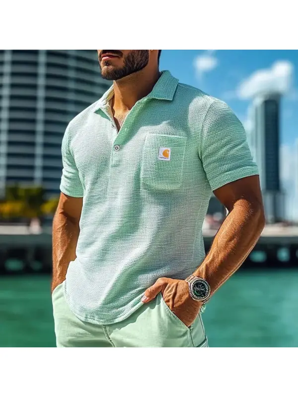Men's Vintage Waffle Knit Patch Pocket Short Sleeve Polo Collar T-Shirt - Aptkoi.com 