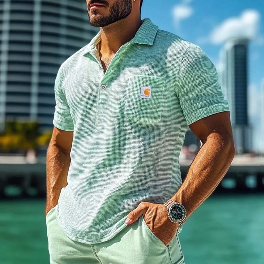

Men's Vintage Waffle Knit Patch Pocket Short Sleeve Polo Collar T-Shirt