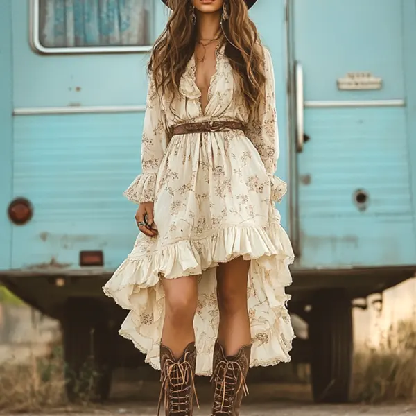 Vintage Bohemian Chic V-neck Long Sleeved Floral Lace Maxi Dress - Cotosen.com 