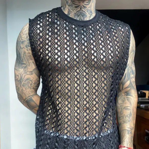 Stylish Black Crochet Vest For Men - Perfect For Summer Outfits - Wayrates.com 