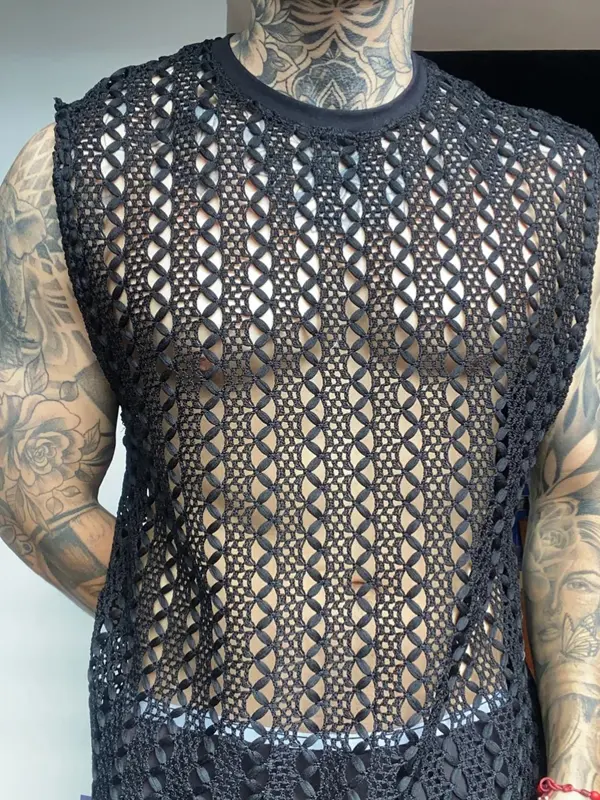 Stylish Black Crochet Vest For Men - Perfect For Summer Outfits - Wantbright.com 