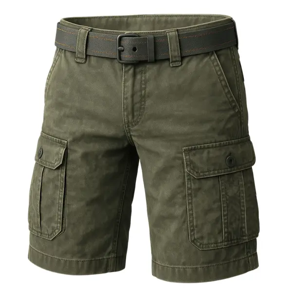 Men's Outdoor Vintage Distressed Tactical Multi-Pocket Stretch Workwear Military Green Cargo Shorts - Menzfolk.com 