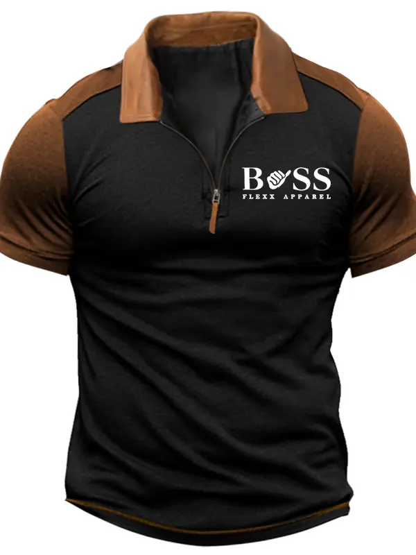 Men's Vintage Zipper Polo Collar Color Block Short Sleeve T-shirt - Menbarn.com 