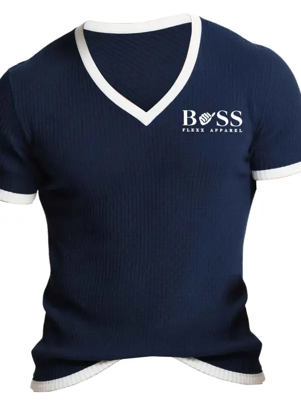 Men's Vintage Waffle Knit Color Block V-neck Short Sleeve T-shirt - Menbarn.com 