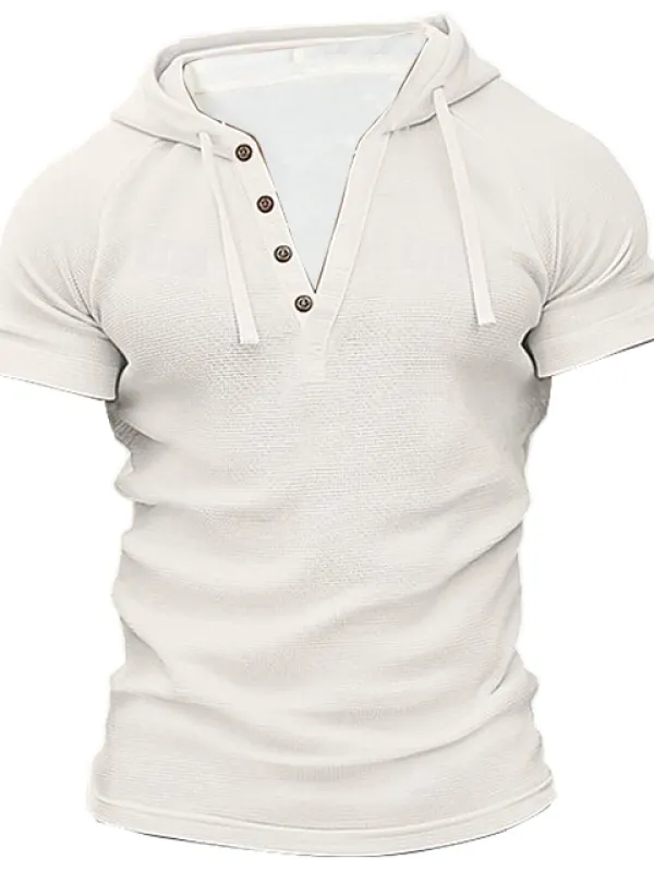 Men's Vintage Waffle Knit Short Sleeve Button Hooded T-shirt - Wantbright.com 