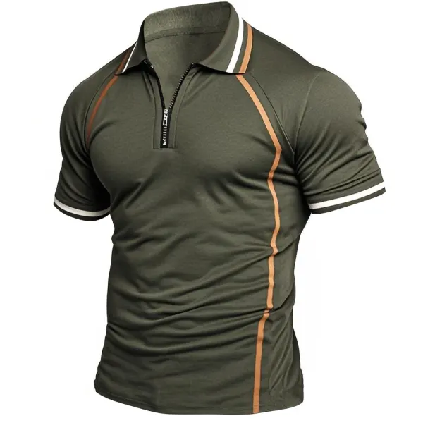 Men's Vintage Zipper Polo Collar Army Green Short Sleeve T-shirt - Elementnice.com 