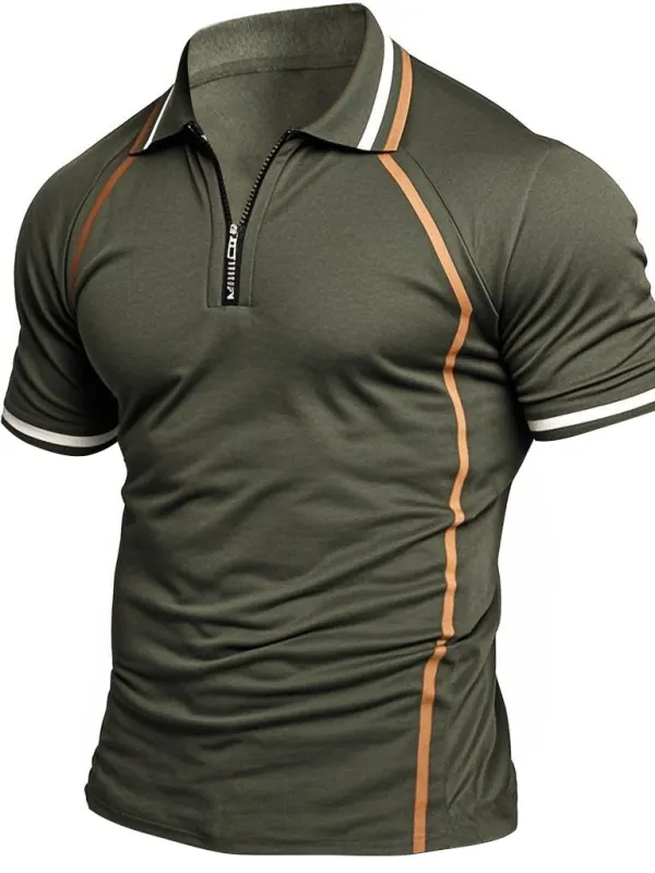 Men's Vintage Zipper Polo Collar Army Green Short Sleeve T-shirt - Menbarn.com 