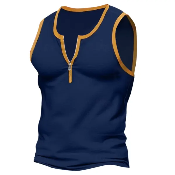 Men's Vintage Color Block Zip-Up Sleeveless Tank Top - Rabclub.com 
