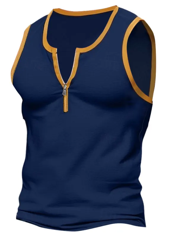 Men's Vintage Color Block Zip-Up Sleeveless Tank Top - Menbarn.com 
