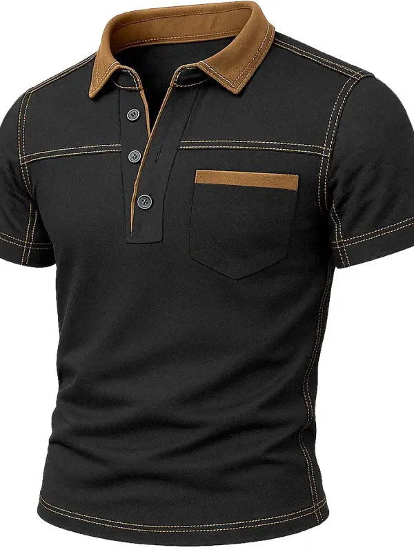 Men's Vintage Contrast Pocket Polo Collar Black Short Sleeve T-shirt - Menbarn.com 