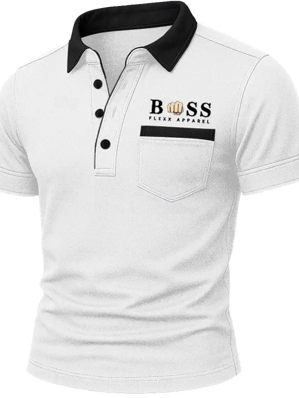 Men's Vintage Contrast Pocket Polo Collar White Short Sleeve T-shirt - Menbarn.com 