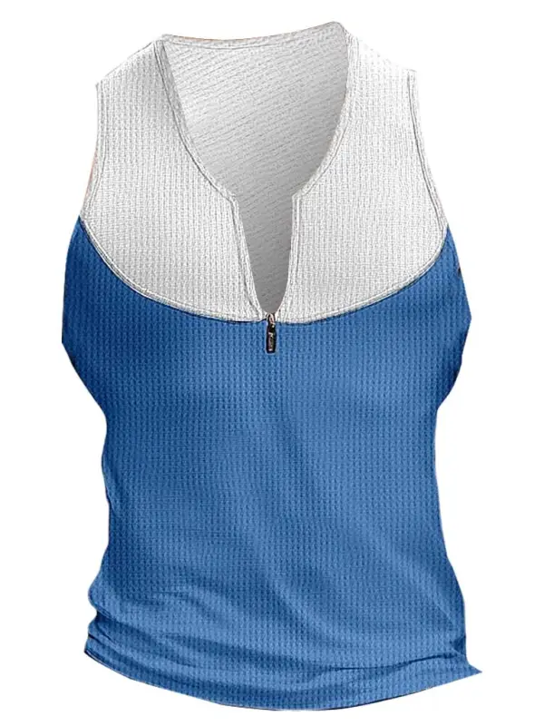 Men's Vintage Waffle Knit Color Block V-Neck Zip-Up Tank Top - Menbarn.com 