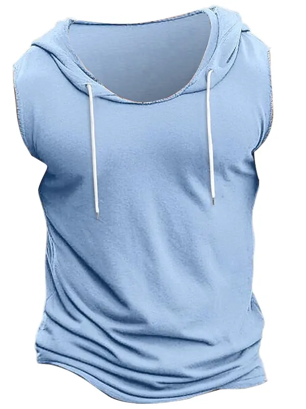 Men's Vintage Solid Light Blue Hooded Sleeveless Tank Top - Pragmaace.com 