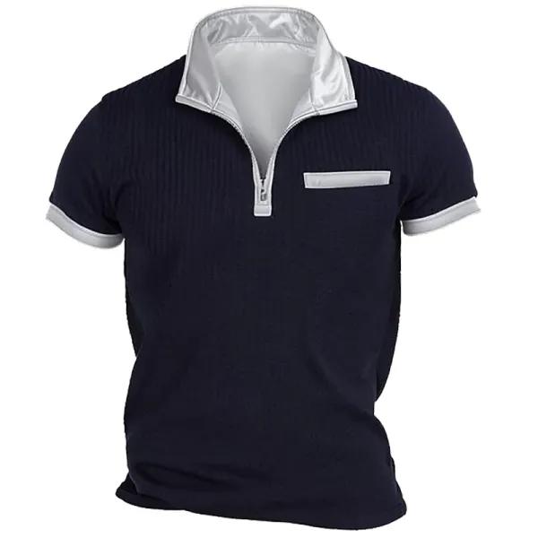 Men's Vintage Waffle Knit Zipper Lapel Color Block Short Sleeve T-shirt - Menzfolk.com 