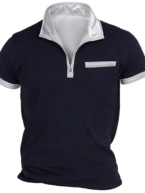 Men's Vintage Waffle Knit Zipper Lapel Color Block Short Sleeve T-shirt - Simplyion.com 