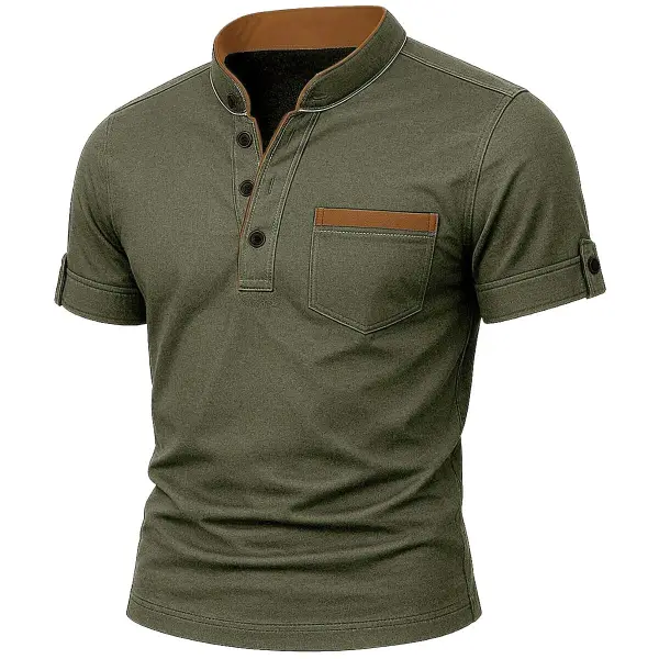 Men's Vintage Contrast Pocket Henley Short Sleeve T-shirt - Menzfolk.com 