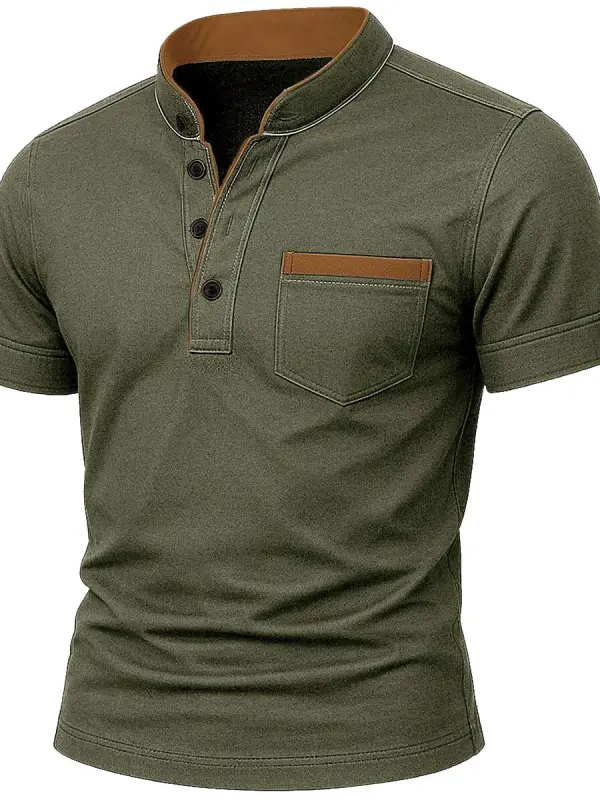 Men's Vintage Contrast Pocket Henley Short Sleeve T-shirt - Simplyion.com 