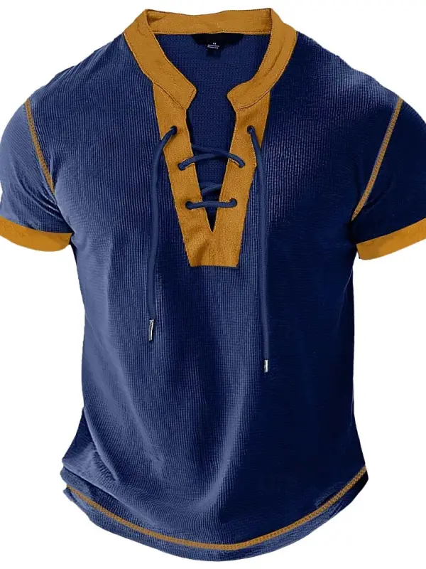 Men's Vintage Waffle Knit Contrast Short Sleeve Lace-up T-shirt - Menbarn.com 