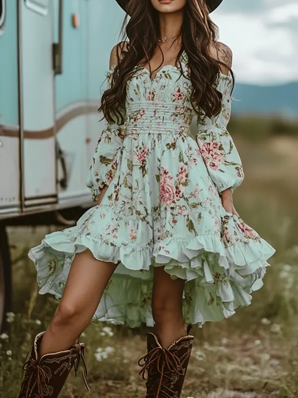 Bohemian Floral Dress With Ruffled Layers - Simplyion.com 