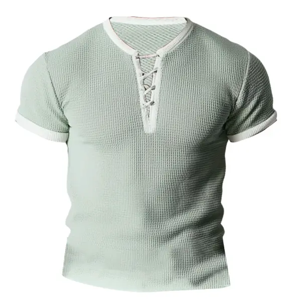 Men's Vintage Waffle Knit Color Block Lace-up Mint Green Short Sleeve T-shirt - Rabclub.com 