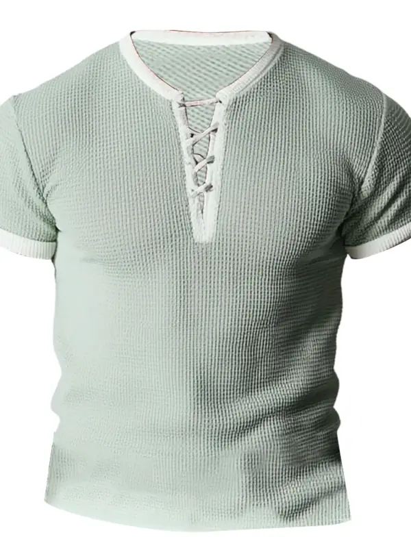 Men's Vintage Waffle Knit Color Block Lace-up Mint Green Short Sleeve T-shirt - Simplyion.com 
