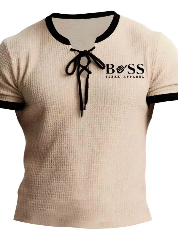 Men's Vintage Waffle Knit Color Block Lace-up Short Sleeve T-shirt - Simplyion.com 