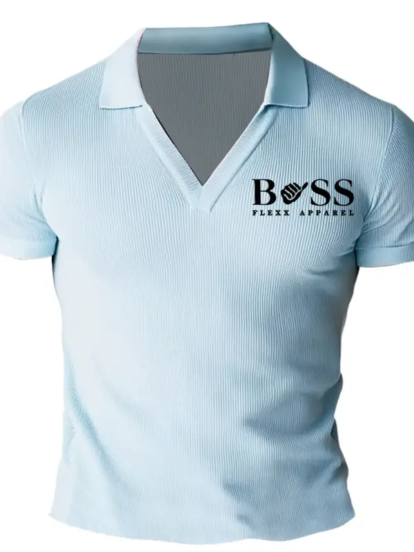 Men's Vintage Knitted Striped Lapel V-neck Light Blue Short Sleeve T-shirt - Simplyion.com 