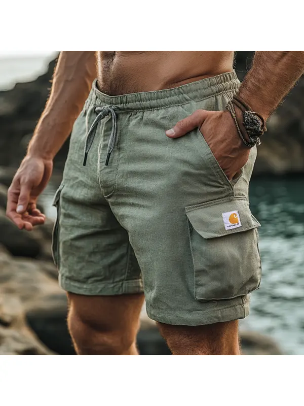 Men's Cotton And Linen Cargo Shorts With Adjustable Drawstring And Multiple Pockets For Outdoor Adventure - Ootdmw.com 