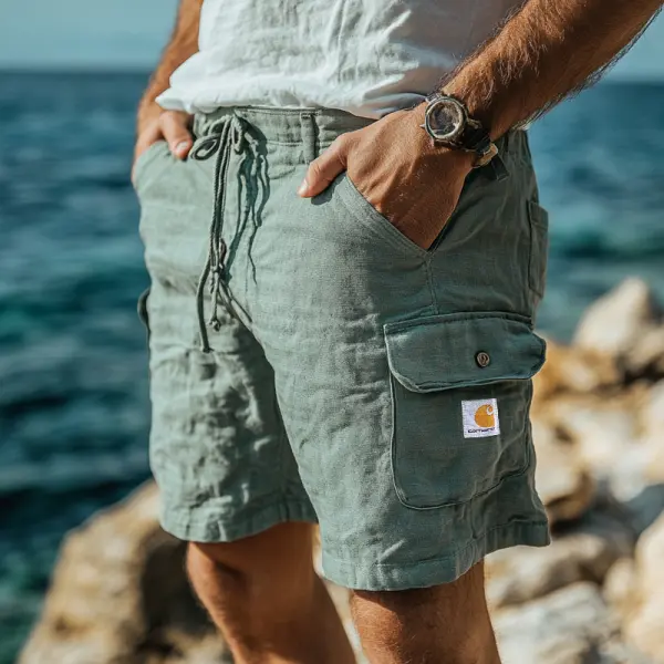 Men's Cotton And Linen Cargo Shorts With Adjustable Drawstring And Functional Pockets For Summer Adventures - Wayrates.com 