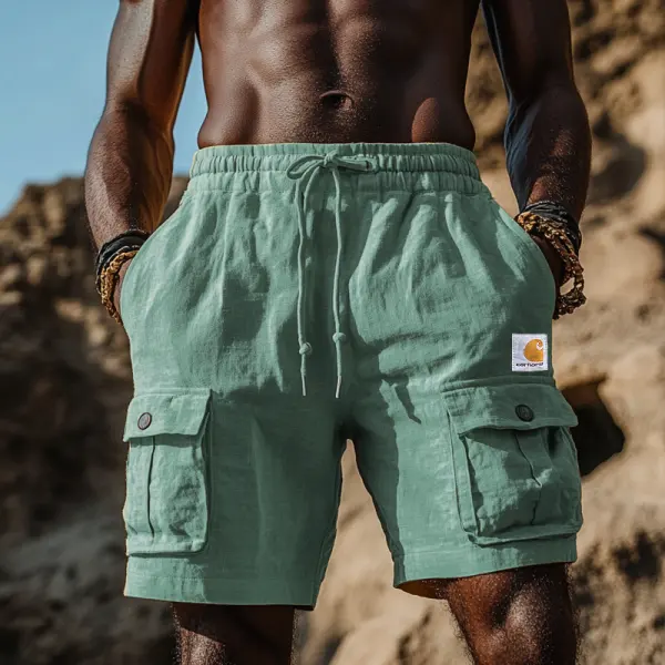 Men's Cotton And Linen Casual Cargo Shorts With Adjustable Waistband And Multi-Pockets For Summer Outdoors - Wayrates.com 